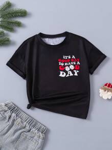 SHEIN Camiseta clásica y versátil para niñas, con estampados de flores, cara sonriente y grafiti, de colores dulces, adecuada para salidas, compras, uso diario, escuela, fiestas, verano, en blanco y rosa rojo