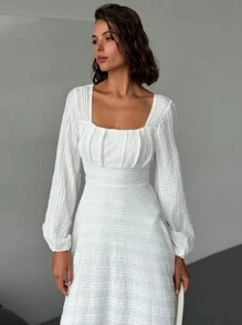 SHEIN Privé Square Neck Shirred Bodice A-Line Dress, Textured Fabric - Beige - View 2