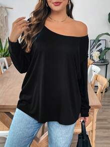 SHEIN Essnce Áo thun đen hở vai dài tay rộng rãi thoải mái mùa thu đông cỡ lớn cho nữ, Áo phông nữ, Trang phục, Trang phục mùa thu, Áo bất đối xứng - màu đen - Xem 4