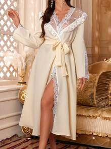 Embroidered Lace Patchwork Women's Long-Sleeved Nightgown - Apricot - View 4