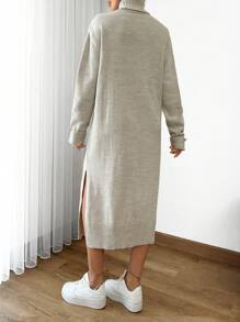 SHEIN Cottnline Women Solid Color Turtleneck Drop Shoulder Long Sweater Dress - Beige - View 3