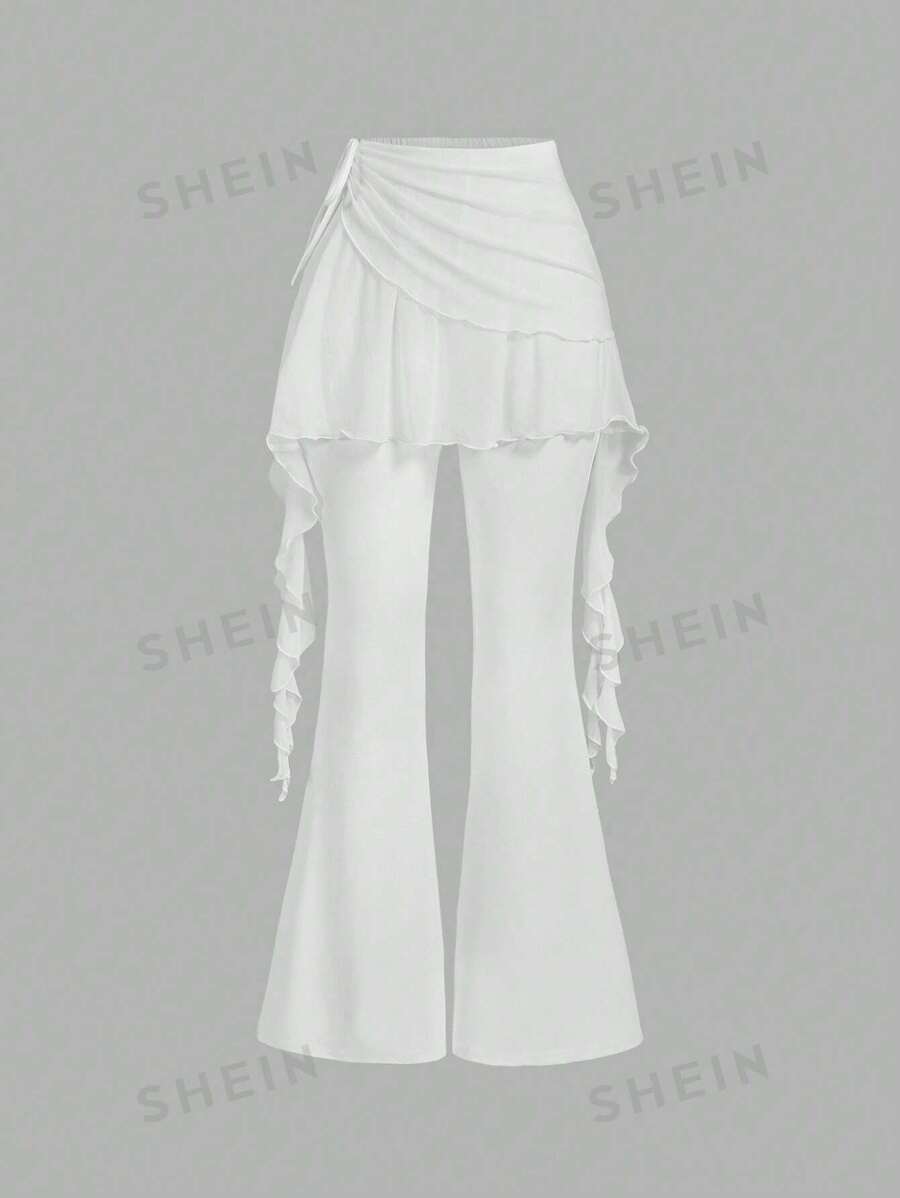 SHEIN MOD Pantalones acampanados de unicolor con diseño de cinta, lados fruncidos y cordón, elegantes para fiesta, club, cita nocturna sexy, primavera, playa, vacaciones - Blanco - Ver 1