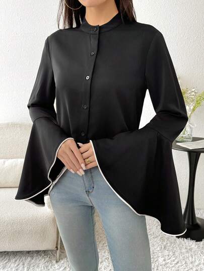 Modelyn Women's Solid Color Stand Collar Front Button Elegant Long Sleeve Blouse