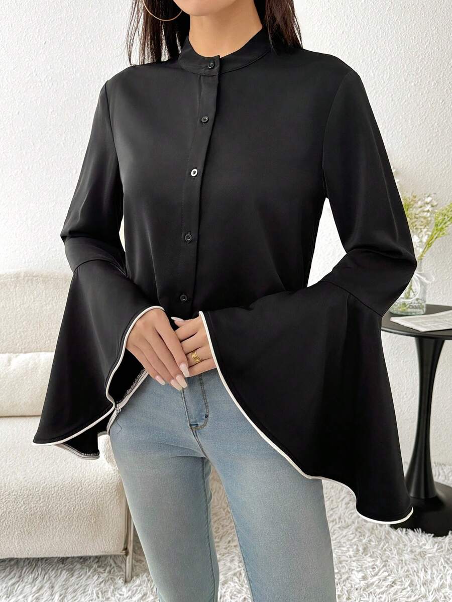Modelyn 女士纯色立领前扣优雅长袖衬衫 - 黑色 - 查看 1