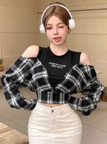 DAZY 女式二合一刺绣字母格子长袖衬衫，秋装