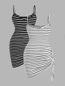 Flirla Striped Plus Size Adjustable Strap Jumper Dress