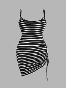 Flirla Striped Plus Size Adjustable Strap Jumper Dress