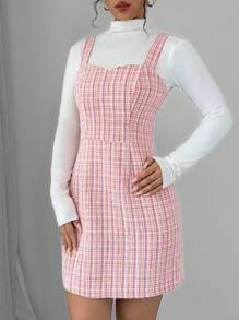 Selianne Women's Pink Plaid Simple Casual Dress Mini Short Women Outfit - Pink - View 5