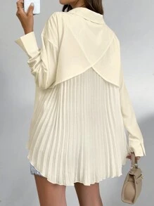 SHEIN LUNE Women's Solid Color Drop Shoulder Long Sleeve Back Pleated Casual Shirt, Spring/Summer Fall Cloth For Women - Apricot - View 5