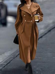 SHEIN Unity 大码女式纯色长袖双排扣优雅长款针织外套，秋冬款 - 棕色 - 查看 4