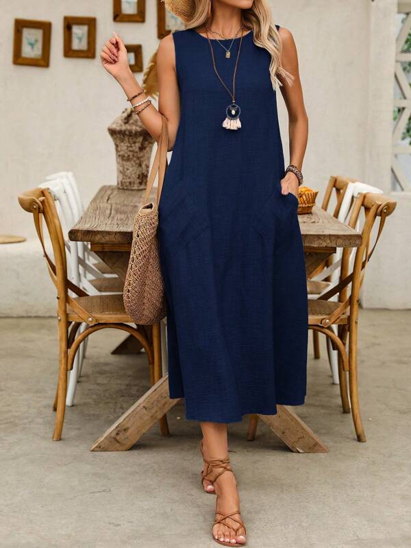 Breezaya Women Solid Color Crew Neck Sleeveless Pocket Summer Dress Maxi Vacation Beach Outfit