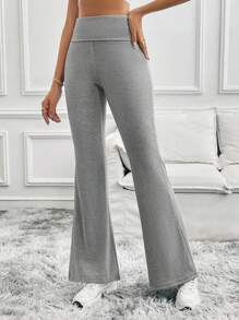 SHEIN Tall 女士纯色喇叭紧身裤 折叠紧身裤 弹力喇叭裤 瑜伽裤 Y2k 慢跑裤 - 灰色 - 查看 10