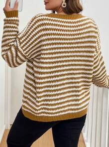 EMERY ROSE Plus Size Women Loose Fit Yellow And White V-Neck Knitted Sweater Pullover, Fall/Winter