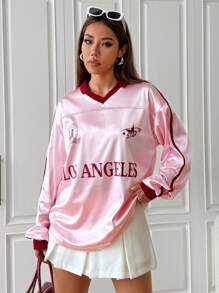 SHEIN Unity American Colorblock Print Striped Sleeve Loose Polo Collar Long Sleeve Sweatshirt, Autumn Pullover Fall Sweatshirt - Pink - View 3