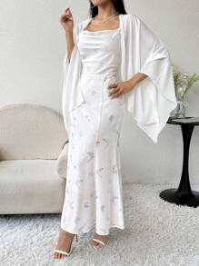 Modelyn Áo khoác và váy in họa tiết màu trơn dành cho nữ, trang phục hàng ngày đơn giản, 2 cái/bộ - Nhiều màu - Xem 4