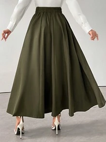 Modelyn 女士纯色系带半身裙，秋冬复古优雅风格，完美适用于商务/工作/鸡尾酒会/婚礼/日常/毕业典礼等场合。 - 軍綠色 - 查看 2