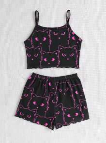 SHEIN Tween Girl  Cute Cat Glow-In-The-Dark Pattern Comfortable Casual Camisole And Shorts Pajama Set - Hot Pink - View 2