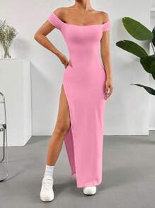 SHEIN EZwear 女士夏季纯色露肩高开叉连衣裙 - 粉色 - 查看 5