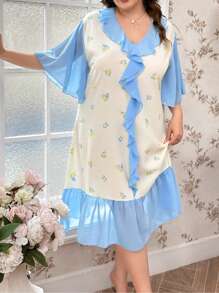 Camisón de talla grande con estampado floral y ribete con volantes - Azul - Ver 6