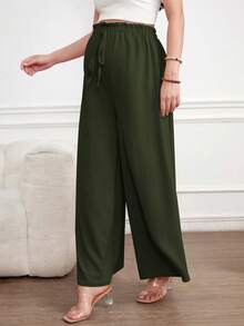SHEIN Maternity Solid Color Casual Drawstring Wide Leg Pants - Army Green - View 5
