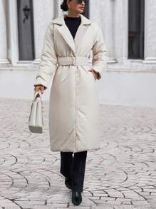 EURMUSE Belt Detail Long Fashionable Elegant Puffy Wrapped Winter Coat - Beige - View 4