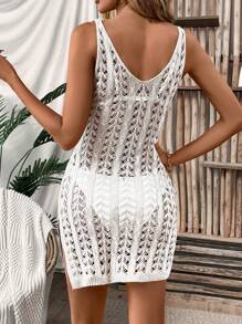 SHEIN LUNE 纯色透视圆领无袖开叉毛衣连衣裙 - 白色 - 查看 2