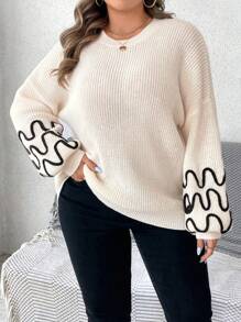 SHEIN Clasi Plus Size Winter Casual Fashionable Round-Neck Sweater Pullover With Three-Dimensional Floral Pattern Design, Suitable For Vacation, Parties, Music Festivals, Home Wear, Shopping, Back-To-School Events, And As A Gift. - Apricot - View 4