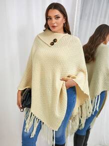 SHEIN Frenchy Plus Size Women's Solid Color Batwing Sleeve Patchwork Fringe Hem Casual Sweater - Apricot - View 2