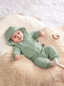SHEIN 3 Bộ áo liền quần và quần dài có mũ trùm đầu cho bé sơ sinh hoạt hình - màu xanh lá - Xem 3
