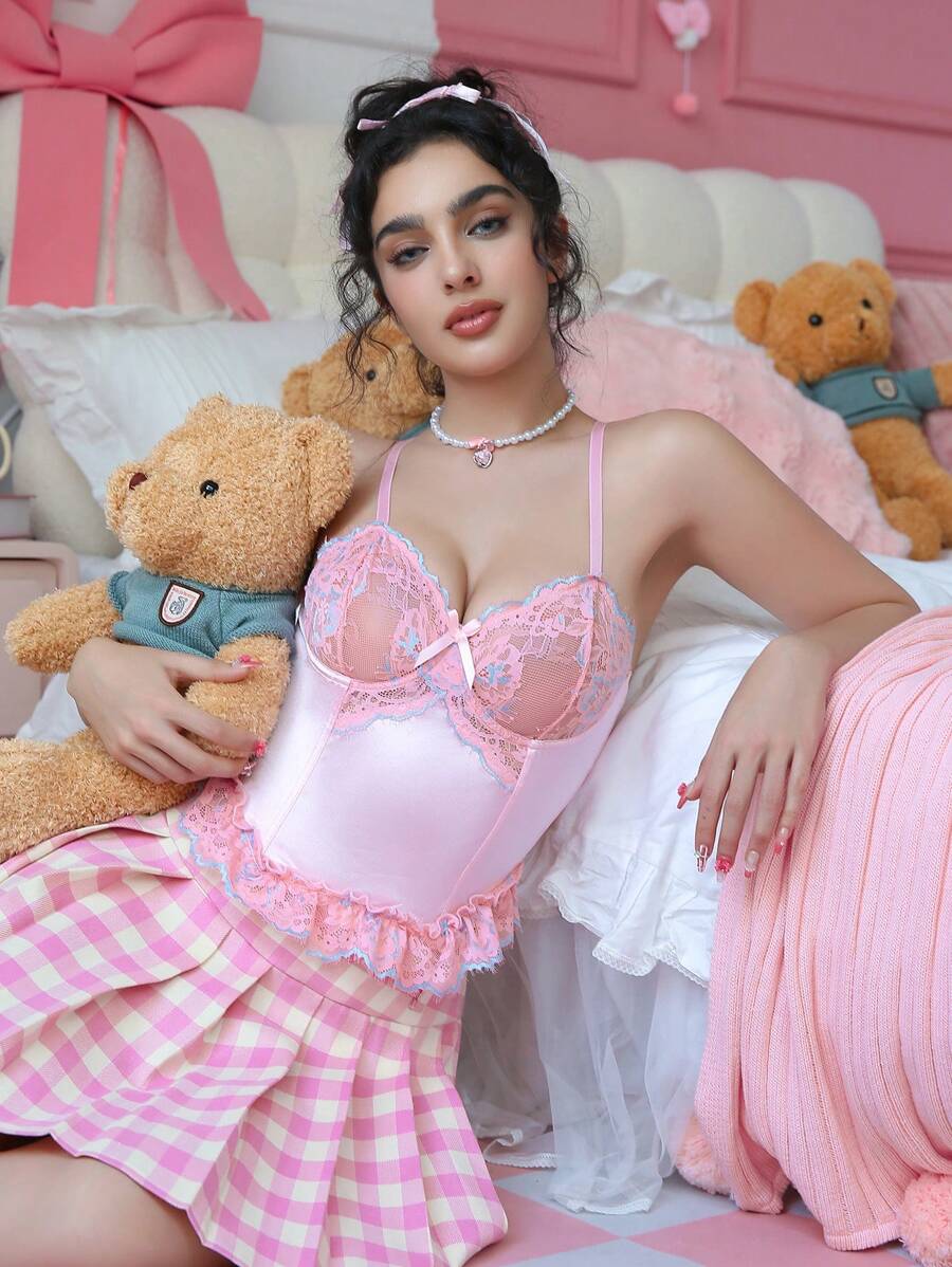 SHEIN Áo lót ren tương phản dành cho nữ được tôn tạo bằng áo lót gợi cảm - Hồng - Xem 1