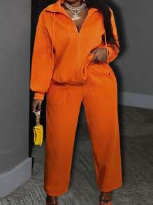 Slaydiva 大尺碼女士2件裝休閑運動實心橙色帽衫套裝，帶可調節下擺和直筒褲，秋季/冬季Z款 - 橘色 - 查看 1