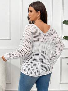 Elenzga Áo len dài tay dáng suông tối giản màu trơn dành cho nữ cỡ lớn, có dây rút và khoét lỗ, thích hợp mặc hàng ngày, mùa thu đông. - trắng - Xem 2