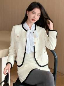 Dazy X KIMYOUJUNG Collection Color Block Long Sleeve Round Neck Loose Pocket Women's Jacket,Fall Women Clothes Women Coats - Beige - View 8