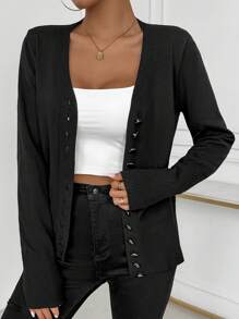 SHEIN LUNE 女士长袖前扣休闲开衫，优雅大方 - 黑色 - 查看 1