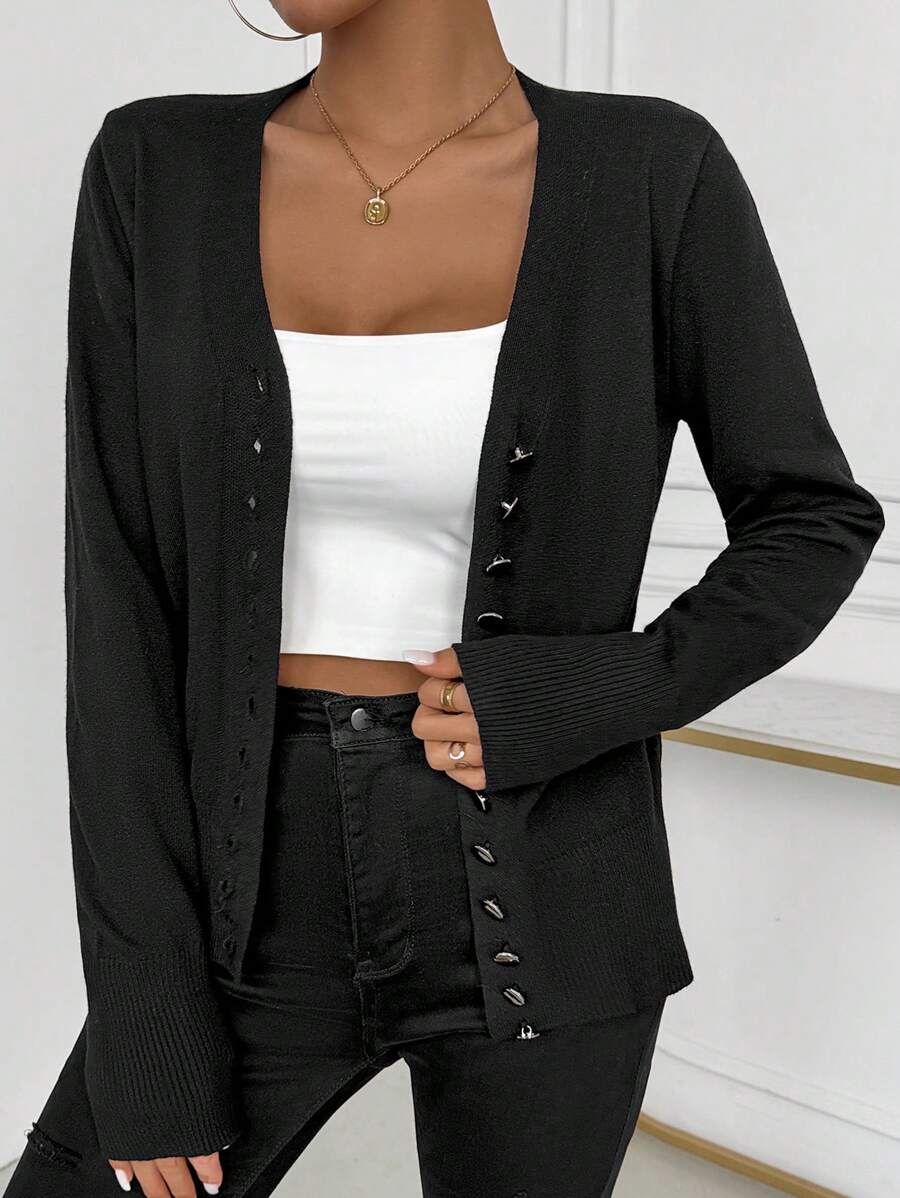 SHEIN LUNE 女士长袖前扣休闲开衫，优雅大方 - 黑色 - 查看 1