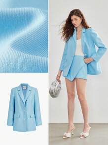 MOTF STUDIO 纯色翻领刺绣字母图案西服外套 - 藍色 - 查看 2