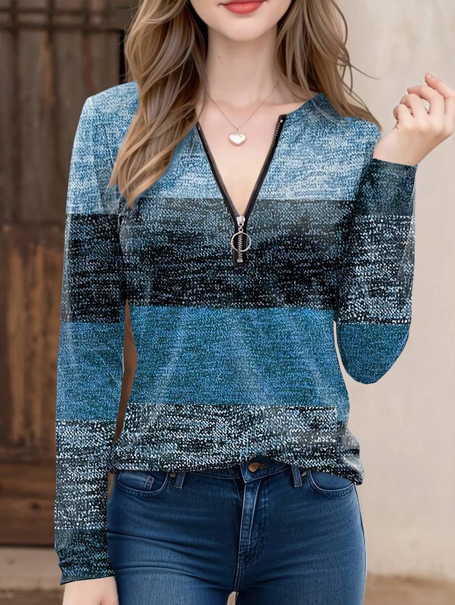 INAWLY Women's Zip-Up Half Placket Long Sleeve Colorblock Loose Casual T-Shirt For Spring And Summer - Blue - View 1