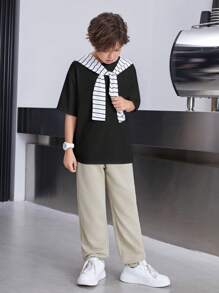 SHEIN 3 件套青少年男孩宽松休闲斗篷运动裤短袖 T 恤套装 - 彩色 - 查看 5