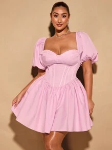 SHEIN BAE Women's Plus Size Clothing Wedding Dresses Bridesmaid Dresses Mini Dresses Party Dresses Date Dresses Holiday Dresses Plus Size Women's Summer Sweet Puff Sleeves Cup Details Puff Sleeves Mini Dress Tutu Dress Small Dress Embroidered Dress Elegant Elegant Boho/Bohemia Boho/Bohemia  Graduation Dress/White Graduation Dress  Brunch Outfits For Women   Summer Outfits  Beach Outfits For Woman  Brunch Outfits For Women  Fairycore   Classy Outfits For Women  Festival Outfits For Women/ Country Concert Outfit,Birthday Dresses For Women - Pink - View 1