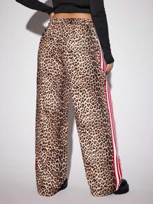 SHEIN ICON 大码女式修身豹纹拼色条纹直筒裤 - 棕色 - 查看 2