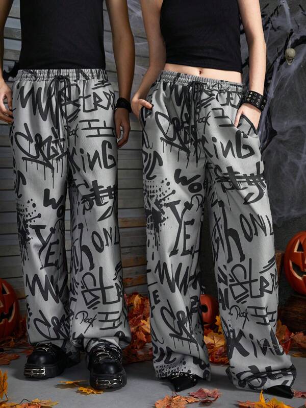 Manfinity UZERO Men's Woven Graffiti Print Loose Drawstring Wide Leg Pants, Suitable For Casual Summer