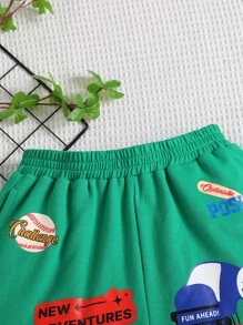 Tween Girls Loose Casual Simple Comfortable Mid-Waist Stamped Print Shorts - Green - View 3