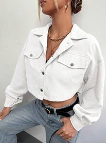 SHEIN EZwear Spring Autumn Casual Short Corduroy Jacket - White - View 6