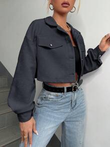 SHEIN EZwear Áo khoác ngắn nhung kẻ dệt màu xám xanh cho mùa thu/đông - Xám - Xem 5