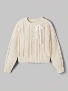 SHEIN MOD Suéter de cuello redondo retro con cordón de encaje en color albaricoque, suéter lindo, suéter de mujer de otoño, suéter en color albaricoque