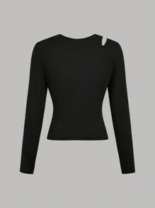 SHEIN Girlism 2pcs Teen Girls' Knitted Ribbed Hollow-Out Round Neck Casual Long Sleeve T-Shirts Set - Black and White - View 8