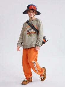 2pcs Tween Boys Printed Outdoor Sweatshirt And Sweatpants Set - Dark Grey - View 4