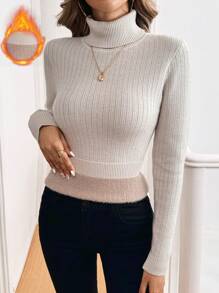 SHEIN LUNE Áo len cổ tròn lót nhiệt màu kaki, thích hợp để mặc nhiều lớp - Màu Khaki - Xem 1