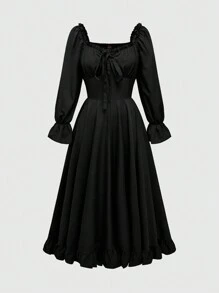 ROMWE Goth Robe longue de unicolore avec col à volants, taille à lacets et manches à volants