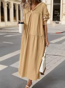 Chiquease Solid Color Casual Loose Hooded Long Dress For Women - Khaki - View 1